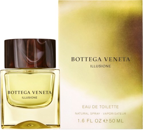 A perfume bottle and box labeled Bottega Veneta Illusione, with light yellow and green gradient background.