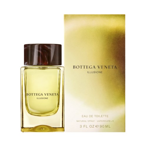 En Bottega Veneta parfumflaska och förpackning i gula och bruna färger, med namnet 'ILLUSIONE' på båda.