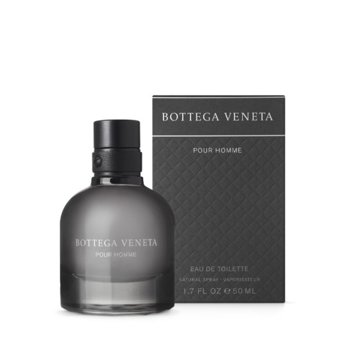 A black perfume bottle with a box, both labeled Bottega Veneta Pour Homme, next to each other.