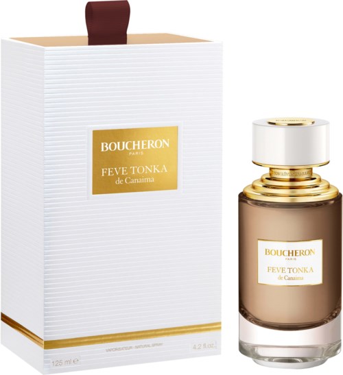 Een parfumfles en doos met gouden en witte labels, elegant ontwerp, en de tekst 'Boucheron Fève Tonka de Canaille.'