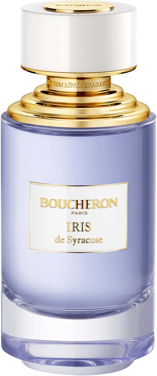 Een paars parfumpotje met een witte en gouden dop, met label Boucheron Iris de Syracuse.