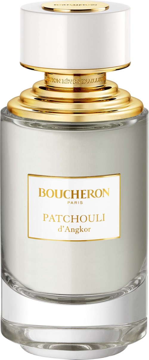 En hvit parfymeflaske med gullaccenter og en etikett som sier Boucheron Patchouli d'Angkor.