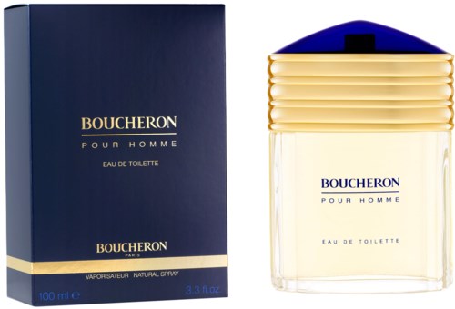 Een parfumbotje met een blauwe en gouden rand en een bijpassend donkerblauwe doos met goud en witte tekst.