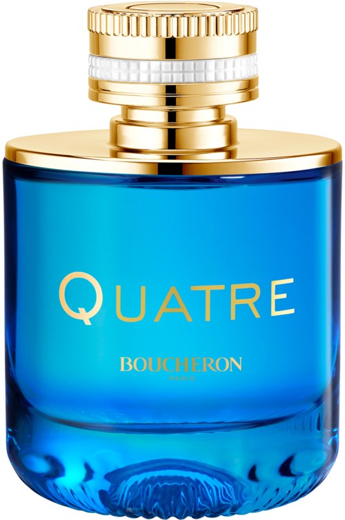Blå parfymflaska med guldlock, märkt 'QUATRE BOUCHERON', elegant och stilren design.