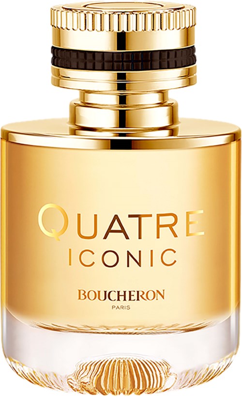 Een gouden parfumfles met een zwarte band, gelabeld Quatre Iconic door Boucheron, Parijs.