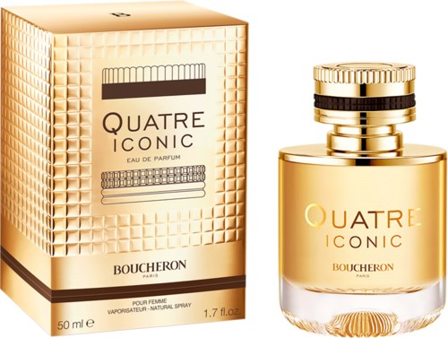 Goudkleurige parfumfles en doos met zwarte en gouden details. De doos toont de naam Quatre Iconic van Boucheron.