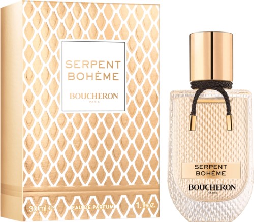 En parfyllflaska och box med gyllene och rosa design, märkt Serpent Bohème av Boucheron, Paris.