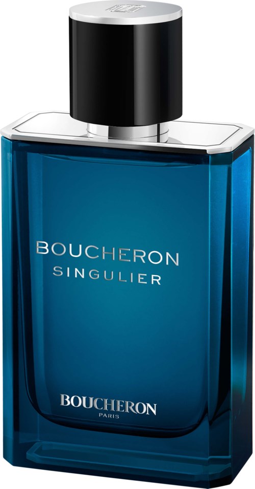 Een blauwe parfumfles met zwarte dop, gelabeld Boucheron Singulier, uit Parijs.