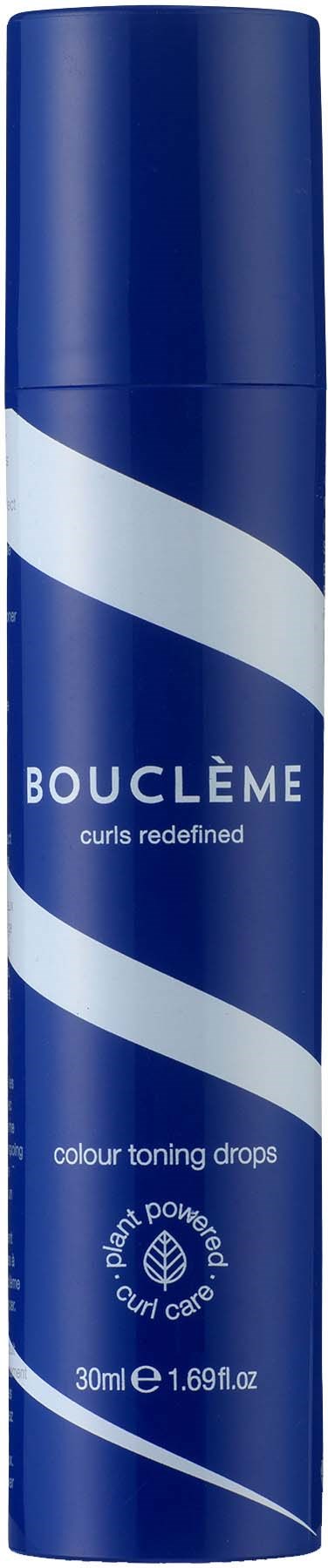 En lang blå spraydåse med hvid svirvel, mærket 'BOUCLÈME' til håretoning, 30 ml.