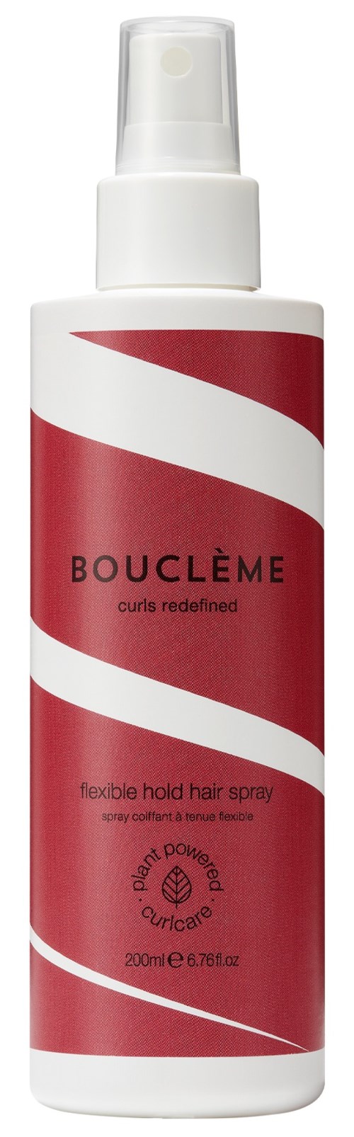 En hvid flaske med rød snoede design, mærket Bois Clème curl redefining hårspray, 200 ml, fleksibel holdbarhed.