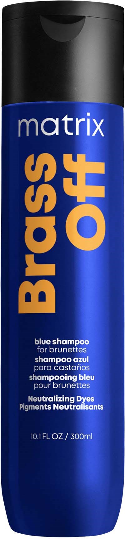 En lang blå boks med Matrix Brass Off sjampo for blonde, nøytraliserer pigmenter, 10 fl oz.