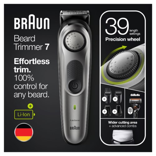 En Braun-skäggtrimmer med precisionshjul, 39 längdinställningar och ett litiumjonbatteri. Den har ett bredare klippområde.