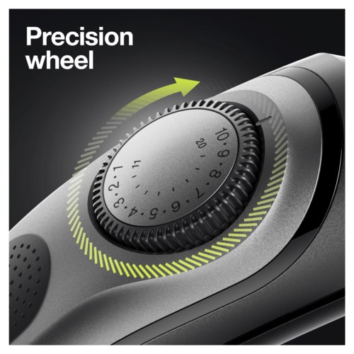 En bild av en enhet med en rund, justerbar vinge märkt "Precision wheel" för att ställa in mätningar eller inställningar.