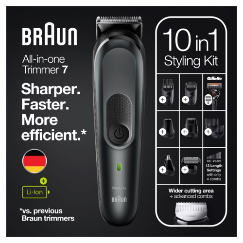 En svart stylingapparat med strömknapp, grön indikator och flera tillbehör för styling och trimning. Det är ett Braun 10-i-1 kit.