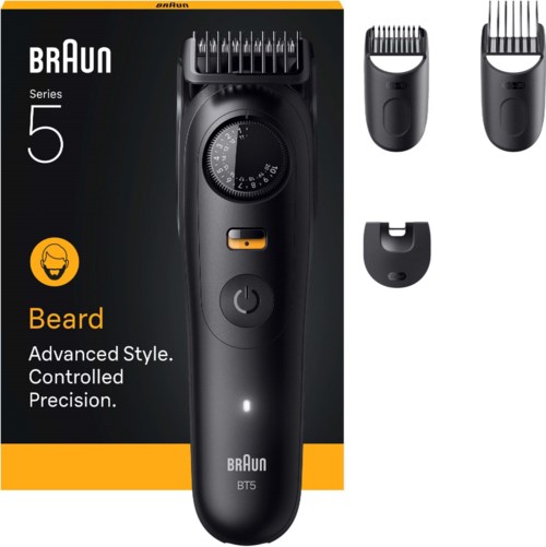Elektrische baardtrimmer met verstelbare instellingen, twee opzetstukken en laadindicator. Merk Braun Series 5.