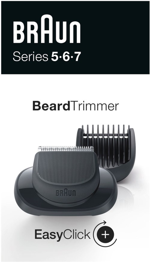 En skäggtrimmer med två munstycken, lätt att använda, del av Braun Series 5, 6 och 7.