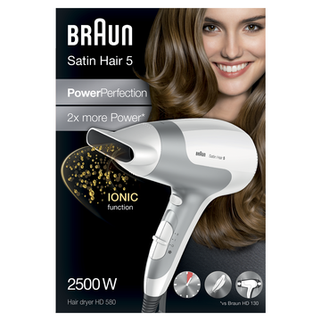 Förpackning för Braun Satin Hair 5-torkare med 2500W, ionfunktion och olika värmelägen. Visar en leende kvinna med glänsande hår.