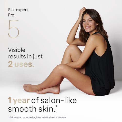Text advertising Silk-expert Pro, highlighting 5 improvements, 2 uses, and 1 year for smooth skin. Woman smiling.