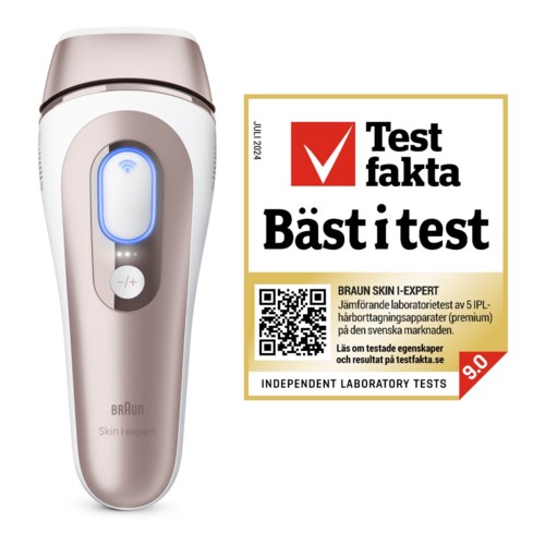 Een wit elektrisch apparaat met een blauwe licht en plus/min-one knoppen naast een testrapport. Het rapport bevat tekst en een QR-code.