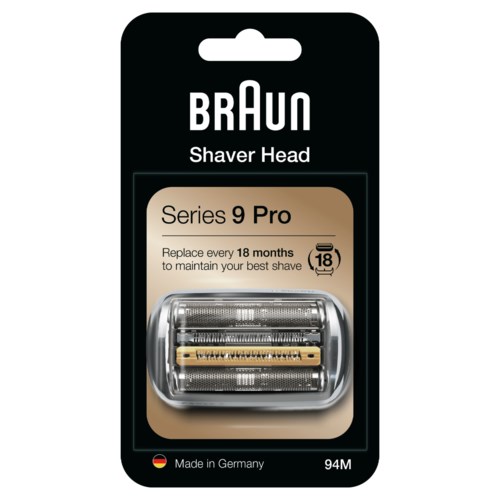 Braun Series 9 Pro rakhuvud, byt ut var 18:e månad, tillverkat i Tyskland, 94M, med en guldfärgad foil.