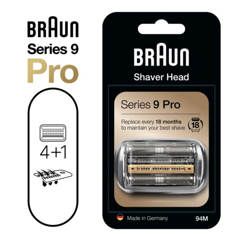 Ersättningshuvud för Braun Series 9 Pro, inkluderar fyra extra blad, tillverkad i Tyskland.
