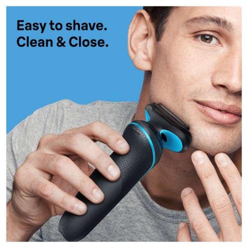 A man uses an electric shaver on his face, with blue background and text promoting easy shaving.