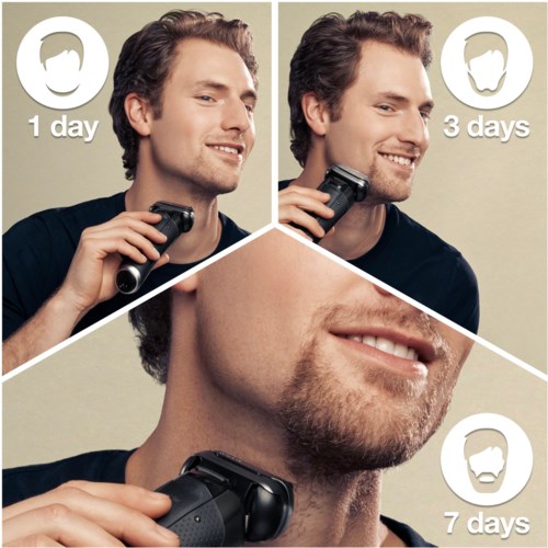 En man använder ett skäggtillväxtprodukt, visas genom framstegsbilder vid 1 dag, 3 dagar och 7 dagar.