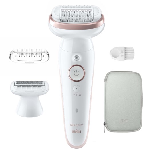 En hvit elektrisk barbermaskin med rosa detaljer, flere tilbehør og et reiseetui.