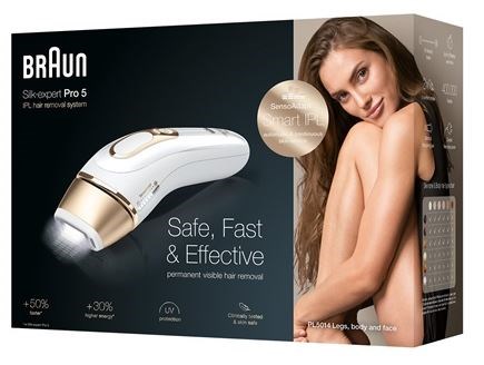 Förpackning för Braun Silk-expert IPL-hårborttagningsenhet med en kvinna, produkts namn och huvudfördelar.