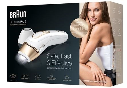 Förpackning för en Braun SilkExpert Pro 5 hårborttagningsenhet, med en kvinna som visar slät hud, understryker säkerhet och effektivitet.