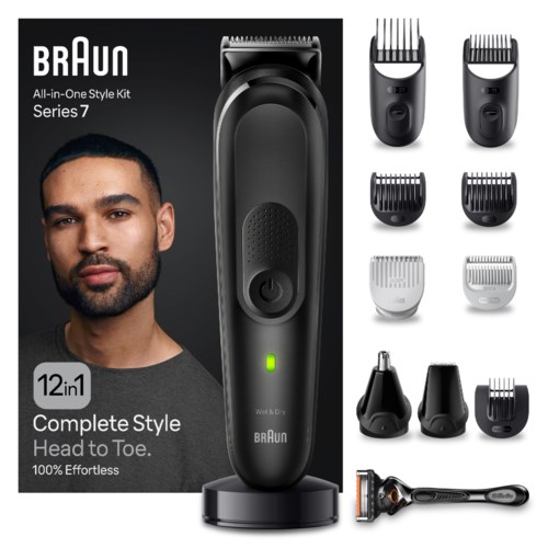 Et grooming-kit med trimmer, flere vedhæftede dele og en opladningsstand, vist ved siden af emballagen med et mandshoved.