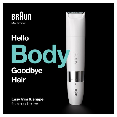 Tekstannonc for Braun mini trimmer, der fremhæver nem trimning fra hoved til tå, med en hvid enhed vist.