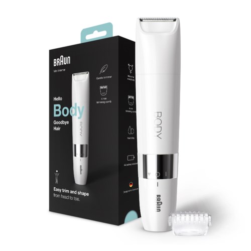 En hvid elektrisk personlig trimmer med aftageligt klippehoved, placeret ved siden af sin sorte emballage.