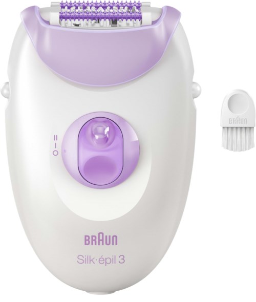En hvit og lilla epilator med hoveddel, kontrollhjul og liten børste. Braune-logo er synlig.