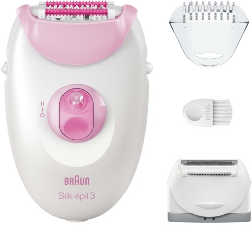 En ansikts epilator i rosa og hvitt, med ulike vedlegg for hårfjerning og ansiktspleie.