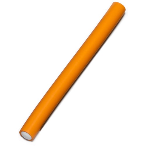 A long, orange cardboard tube with a white interior, lying diagonally on a white background.