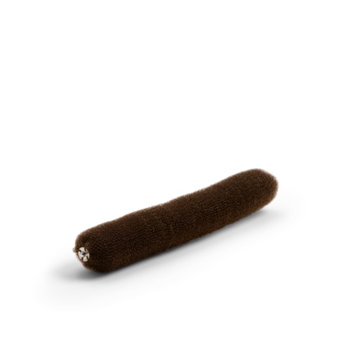Een bruin, wollig cilindrisch voorwerp met een kleine witte punt aan één einde.