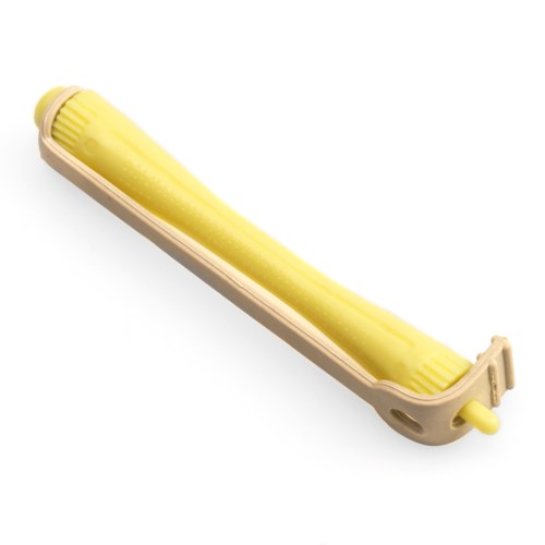 En gul rengöringssponge med ett beige fäste och ett gult tillbehör.