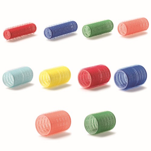 Colorful hair curlers of various shapes arranged in three rows on a white background.