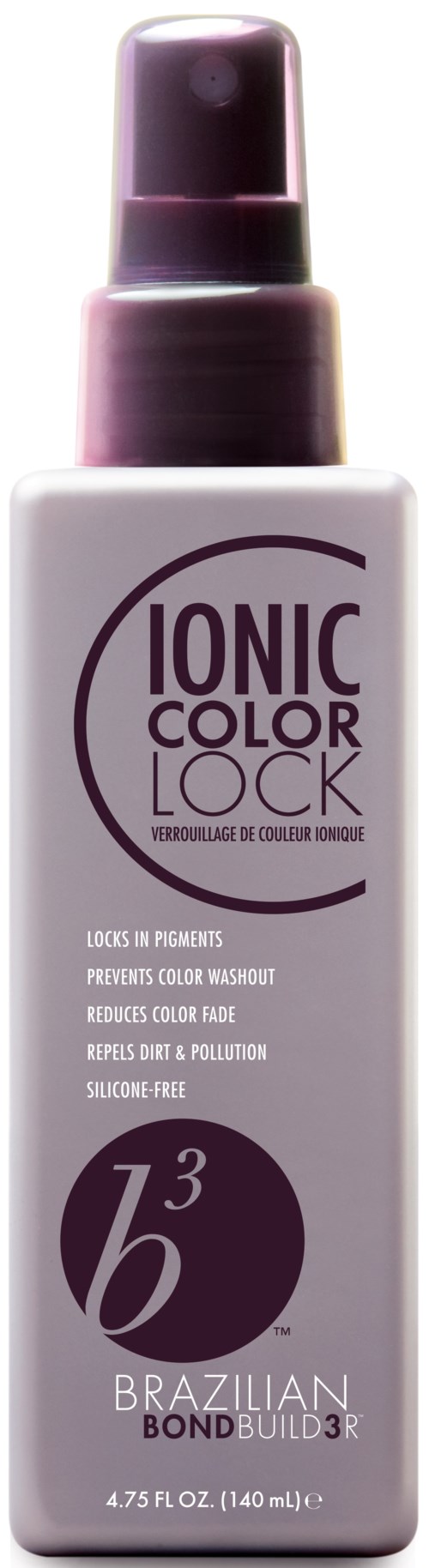 En flaska Ionic Color Lock för hår, märk med produktnamn och märke, med en lila spraykork.