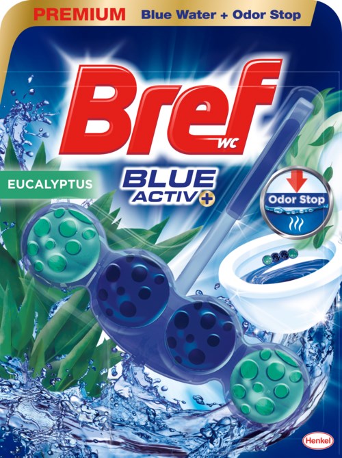 Opakowanie tabletek do czyszczenia WC z niebieskimi i zielonymi kulkami, grafikami wody i napisem "Blue Water + Odor Stop."