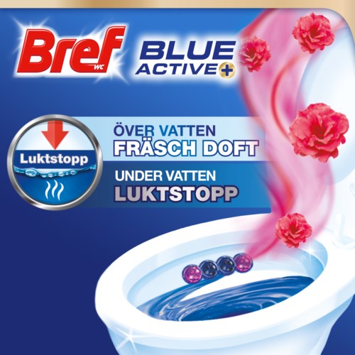 Projekt opakowania Bref WC Blue Active+ do odświeżacza toaletowego z funkcją zatrzymywania zapachów, pokazujący toaletę i kwiaty.