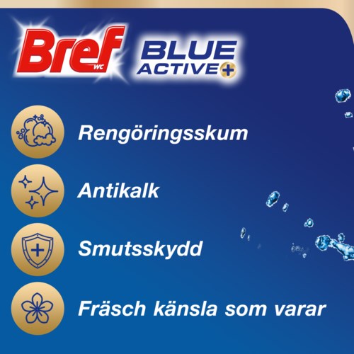 Loggan visar Brave Blue Active+ med fyra ikoner: ett moln, stjärnor, en sköld och en blomma, varje med svensk text.