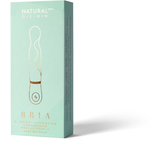 Eleganckie jasnozielone opakowanie z prostym rysunkiem urządzenia do urody, oznaczonym 'Natural Glow' i 'BRIA' z informacjami o produkcie.