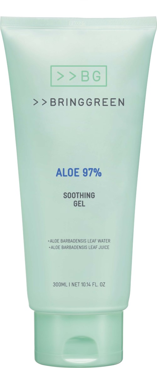 Grøn tube med aloe beroligende gel med tekst om aloe 97% og ingredienser.