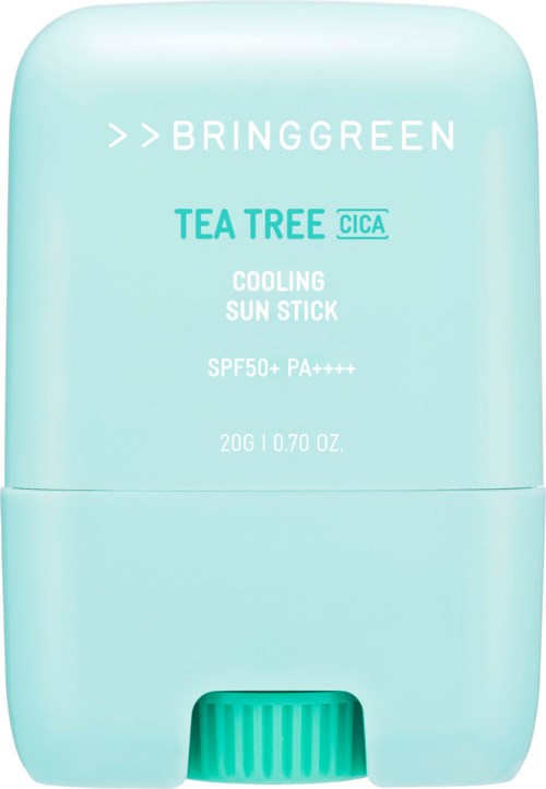Lyseblå solstift med grønt låg mærket BringGreen Tea Tree Cica Cooling. SPF50+ PA++++. 20g.