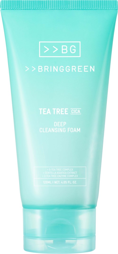 Lyseblå tube med BringGreen Tea Tree Deep Cleansing Foam med hvid tekst.