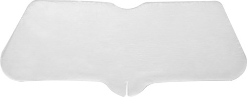 En hvid, halvcirkel formet plastik- eller papbakke med en buet kant og en lille åbning i midten.