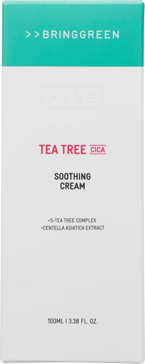 Bringgreen Tea Tree beroligende cremepakke med produktnavn, beskrivelse og størrelse.