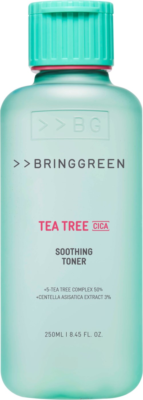 En lysegrøn, cylindrisk tonerkande med matchende låg, viser Bringgreen Tea Tree Soothing Toner med ingrediensliste.